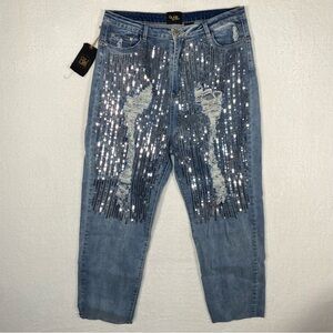 NWT QUUM Shop Women's Size 3XL Stretch Sequin Jeans Destressed Blue Plus Size